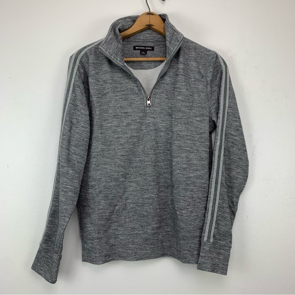 Michael Kors Sweater Mens Small 1/4 Zip Pullover Sweatshirt Gray Sleeve‎ Stripes